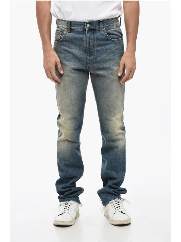 Skinny Fit Vintage Wash Denims with Fringed Hem 16cm Denim Pants