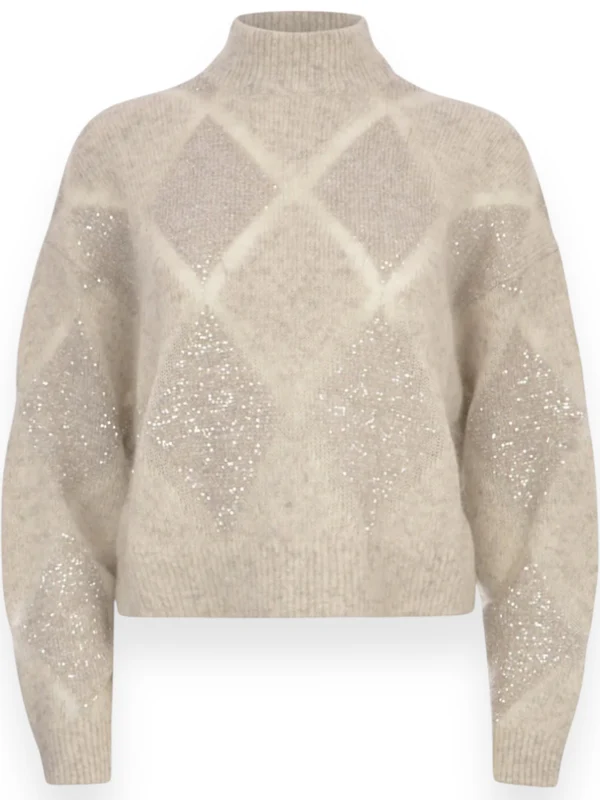 Diamond Pattern High-Neck Wool Mohair Knit