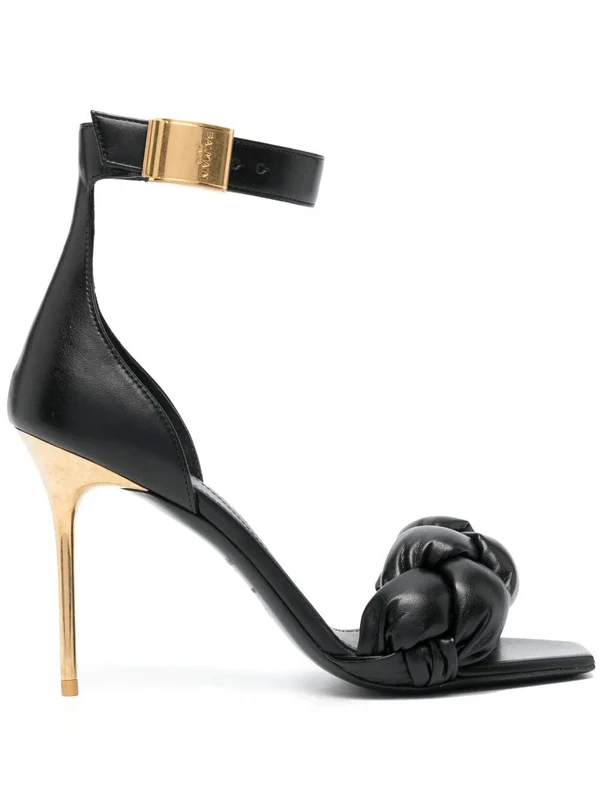 Logo Buckle Strap Leather Sandal Heels