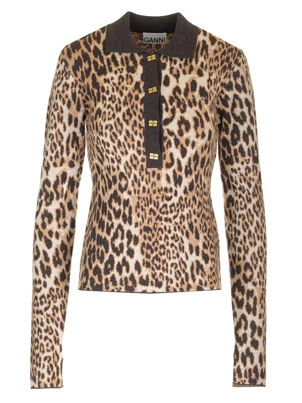 Leopard Pattern Wool Polo Sweater
