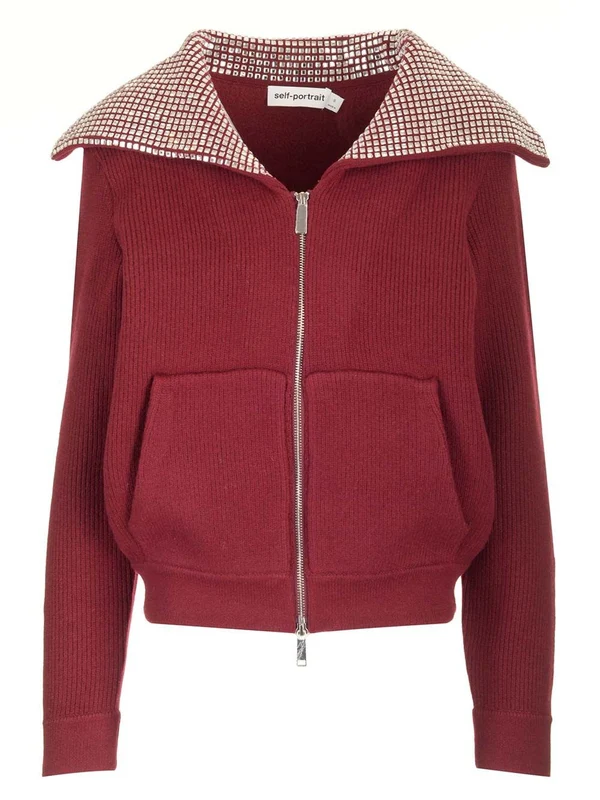 Rhinestone Embellished Oversized Collar Zip-up Cardigan